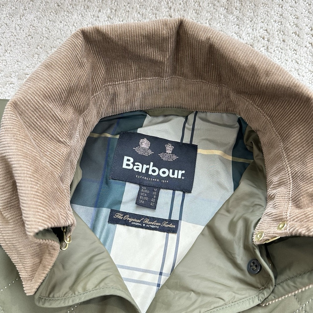 BARBOUR Lockton Corduroy-Trim Quilted Coat Women's 8 Olive Green Cropped Sleeve - Picture 4 of 13